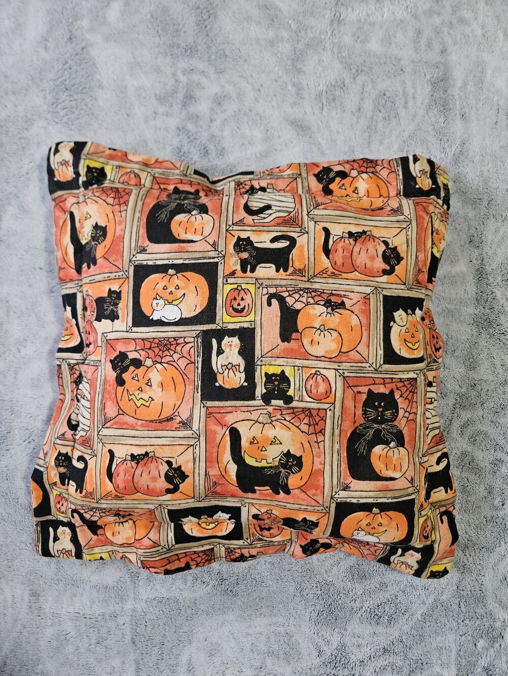 Handmade Halloween Black Cat Pumpkin Vintage Fabric Throw Pillow Spooky Festive